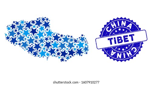 Blue Tibet Chinese territory map composition of stars, and distress rounded stamp. Abstract geographic scheme in blue shades. Vector Tibet Chinese territory map is created of blue stars.