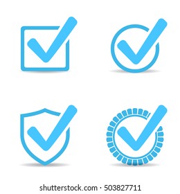 Blue Tick Checkbox, Set Icons Vector Illustration Isolated With Shadow