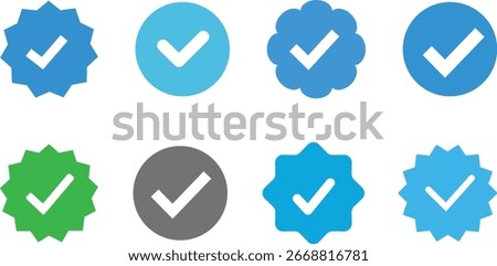 Blue tick collection of verified check mark icons and approval badges in various shapes and colors for profile validation.Instagram, Facebook, Twitter, Tiktok, Telegram, Whatsapp, Viber, Youtube