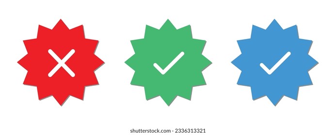 Blue tick, green tick and red cross symbols. Blue tick icon for social media apps. Green verification tick symbol. Red cross sign for not accepted or not verified.