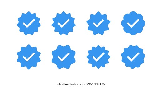 Blue tick icon on light background.  Chek mark, approved profile sign. Verified account concept. Social network. Verify, confirm, done sticker symbol. Flat colored style. Vector illustration.