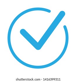 Blue tick icon vector symbol, checkmark isolated on white background, checked icon or correct choice sign, check mark or checkbox pictogram
