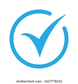 Blue tick icon vector symbol, checkmark isolated on white background, checked icon or correct choice sign, check mark or checkbox pictogram