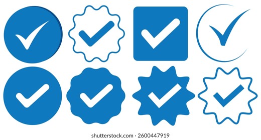 Blue Tick mark icon. Approved, verified and protected icons. Guarantee, approval, acceptance and quality vector badges. Isolated vector.