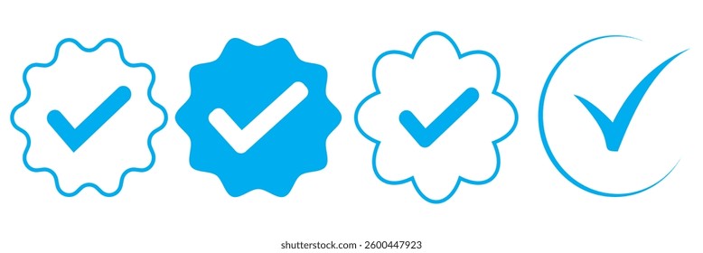 Blue Tick mark icon. Approved, verified and protected icons. Guarantee, approval, acceptance and quality vector badges. Isolated vector.