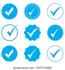 Blue Tick mark icon. Verified profile badge set. Blue and Green check mark icon. Social media account verification icons. Approved check mark with tick symbol.  EPS 10