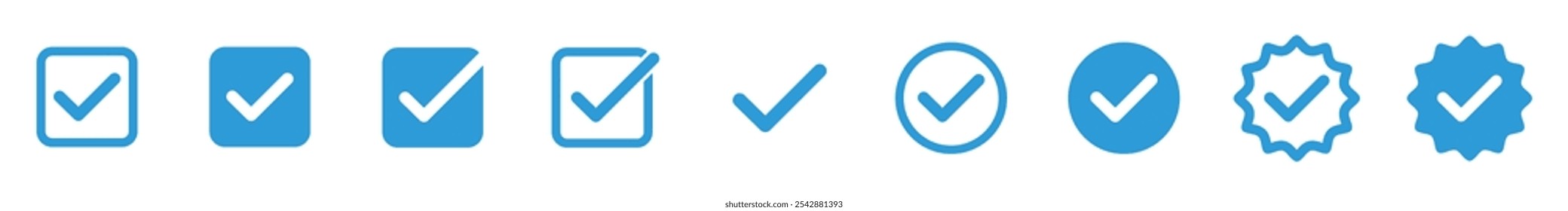 Blue tick mark Verified icon, approved profile checkmark sign for social media, star, circle, and square shape ok checkbox set. Social media official account tick symbol vector illustration. 