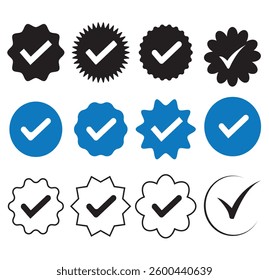 Blue Tick mark Verified profile badge set. Blue check mark. Social media account verification icons. Approved check mark with tick symbol. Variety Design.