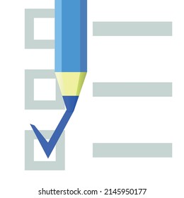 blue tick with a pencil on a white piece of paper for elections. vote. graphic vector illustration