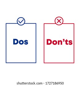 Blue Tick and Red Cross with Do's and Don'ts text. Dos and don'ts information signs. Vector stock illustration.