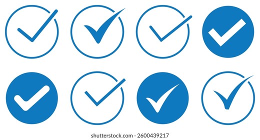 Blue Tick set of A collection of blue check mark badges in various shapes and designs, suitable for indicating approval or verification. Social media account verification icons. 