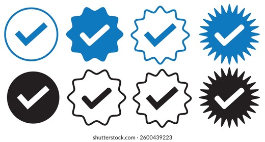 Blue Tick set of A collection of blue check mark badges in various shapes and designs, suitable for indicating approval or verification. Social media account verification icons. 