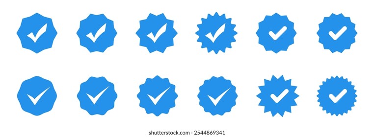 Blue tick verified badge icon vector. Blue checkmarks set. Blue ticks. Profile verification signs. Confirmation secces symbol. Checkbox button 