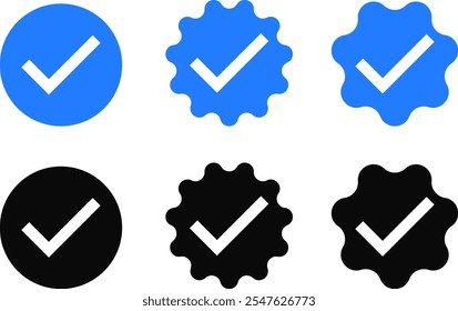 Ícone de selo verificado com tique azul definido. Conjunto de símbolo direito. Símbolo de marca de conta oficial de mídia social. Emoji de marca de seleção verificado
