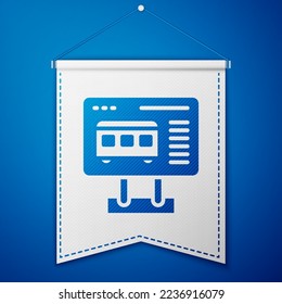 Blue Ticket office to buy tickets for train or plane icon isolated on blue background. Buying tickets. Ticket service. White pennant template. Vector