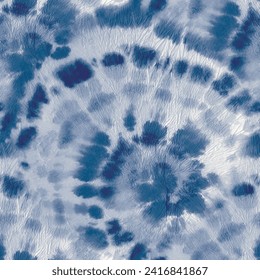 Blue Tie Dye Boho. Dyed Circle Repeat. Round Shibori Print. Blue Swirl Background. Tie Dye Grunge Swirl. Spiral Japanese Tie Dye. Vector Old Background. Circle Batik. Seamless Stripe Tie Die.