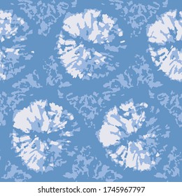 Blue tie dye dots background. Seamless hand drawn pattern tie dye shibori print. Ink textured background, japan rustic batik fabric. Vector illustration for fabric, wallpaper, scrapbooking projects