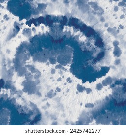 Camisa azul de teñido de lazo. Repetición de tejido sin costuras. Vector de patrón azul marino. Acuarela Blue Swirl. Tinte de corbata de grunge teñido. Espiral Shibori Repite. Remolino estampado con tintes de lazo. Grunge Batik. Círculo abstracto denim.