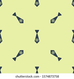 Blue Tie with four leaf clover icon isolated seamless pattern on yellow background. Necktie and neckcloth symbol. Happy Saint Patricks day.  Vector Illustration