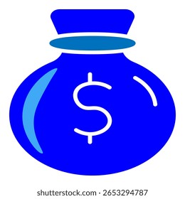 Saco de dinheiro azul empatado cheio de dinheiro, ilustrado em um estilo de ícone limpo. Adequado para aplicativos financeiros, ferramentas de poupança ou visuais de tema econômico