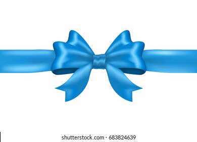 Blue tied ribbon bow. Vector 3d illustration isolated on white background