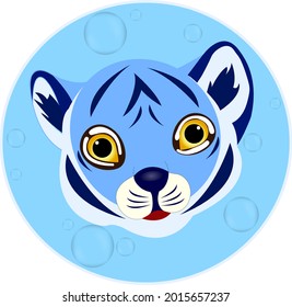 A blue tiger cub on a light background with water drops. The symbol of the year 2022. Isolated objects. A vector image.