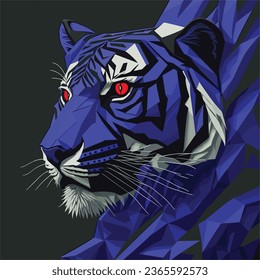 A blue tiger fantasy. Printable design for a fierce tiger head on black background