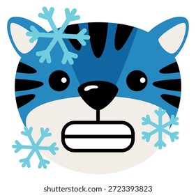 Cabeça de tigre azul com flocos de neve. Emoji de desenho animado de animal frio