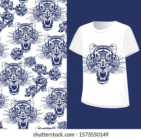 Blue Tiger head Typography graphic print, fashion drawing for t shirt. Stickers, print, patches vintage rock style