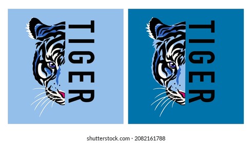 Blue tiger, lettering. Set of trendy vector illustrations. Illustration of tiger head, creative design, elegant, Chinese tiger for printing on cards, T-shirts. Sticker in the form of a tiger. tattoo.