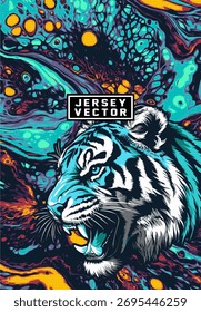 MASCOTE DE TIGRE AZUL E FUNDO ABSTRATO PARA CAMISA DE SUBLIMAÇÃO COMPLETA