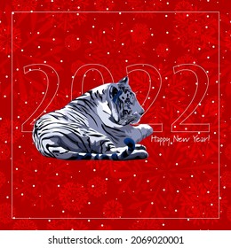 blue tiger on red repetitive background with white dots and snowflakes. 2022 happy new year red text. vector illustration. design template of greeting card, banner, ad, invitation, flyer. color image