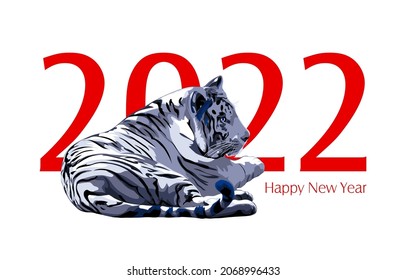 blue tiger on white background. 2022 happy new year red text. vector illustration. design template of greeting card, banner, ad, invitation, flyer. color image