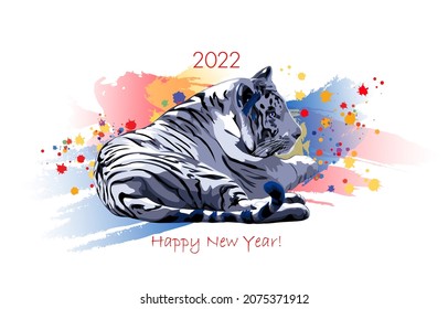 blue tiger on white festive background with color blots. 2022 happy new year red text. vector illustration. design template of greeting card, banner, ad, invitation, flyer. color image