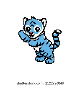 Blue tiger pixel art style icon. 8-bit sprites. Isolated vector illustration of a mammal animal. Design for stickers, logos, embroidery, mobile apps.