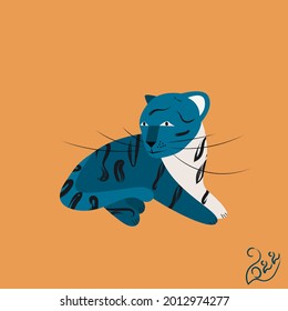 blue tiger is resting in a relaxed position . Vector drawing of a wild animal. New Year's 2022, postcards, prints, leaflets