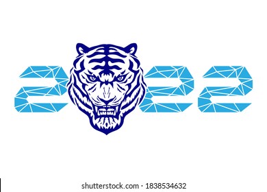 Blue tiger symbol of the new year 2022 on white background.