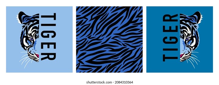 Blue tiger, text and fur texture seamless pattern. Set of trendy vector illustrations of tiger head, creative design, elegant, chinese tiger for printing on cards, t-shirts. 