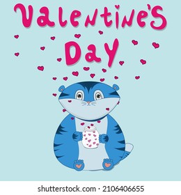 Blue tiger with a text Valentines day and hearts