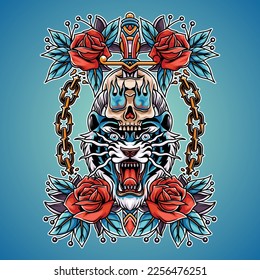 a blue tiger's head with a skull on it, with a knife stuck in it, and a skull's eyes emitting blue fire, plus four beautiful red roses