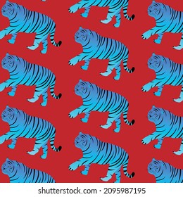 Blue Tigers Pattern. Animalistic Texture. Tigress walking. Vector Gradient Illustration.