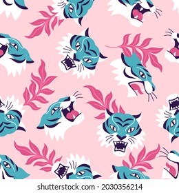 Blue Tigers pattern. Vector seamless pattern with a cartoon roaring tiger faces and leaves on a pink background 