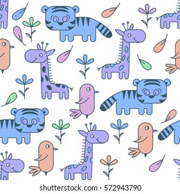 Blue tigers, purple birds and purple giraffes on white background. Cute characters. Simple graphics like icons. Seamless vector pattern for wallpaper, textile design, graphic design.