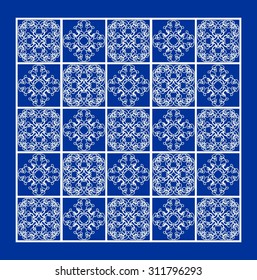 Blue tile with fine white geometric line ornaments in square, contrasting ethnic patterns, eps10 vector