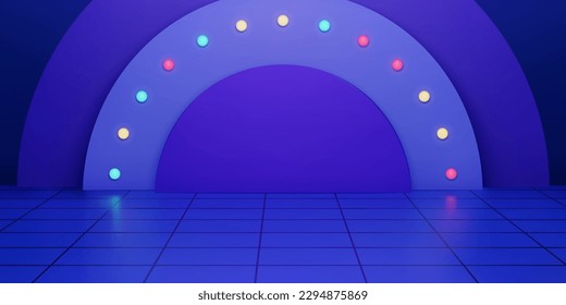 Baldosas azules en el suelo y arco de estratos con lámparas coloridas en el fondo. Adecuado para promoción de venta y configuración de visualización de temas festivos.