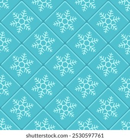 Piso de azulejo azul ou fundo de parede com flocos de neve. Natal padrão sem emenda de mosaico cerâmico geométrico com flocos de neve para banheiro, cozinha ou vaso sanitário, ilustração vetorial