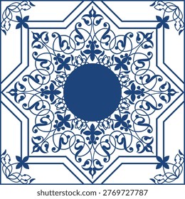 Blue tile pattern texture in Oriental style. Seamless pattern with floral ornament. Used for majolica, tile, Oriental design, ceramic, pattern, porcelain, indigo, chinaware, tile, ceiling, texture, wall, floor, paper, fabric, vector illustration