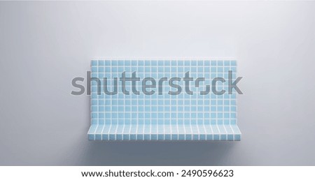 Blue tile shelf hanging on wall. Vector realistic illustration of ceramic decorated surface for cosmetics in bathroom, shower or toilet, beauty product presentation podium, interior design element