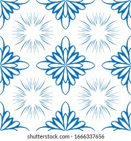 Blue tile snowflake seamless pattern design. Doodle snow or mandala illustration. Hand draw ornament pattern background for print and textile, home decor and wrapping paper. Boho ethnic design.