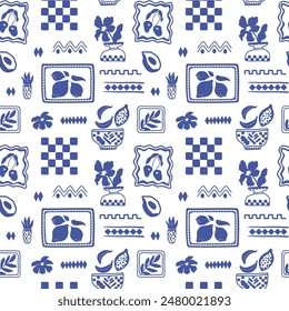 Blue tile summer seamless pattern. Abstract checkered elements, framed fruits. Vector mosaic background. Geometric square shapes with lemons, cherry, vase. Mediterranean wallpaper, print, textile